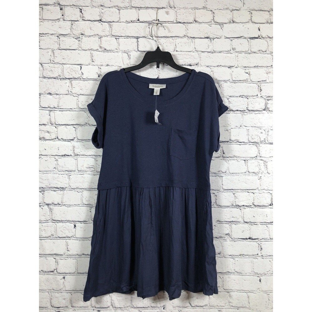 Motherhood Maternity Women Tiered Pocket Top Linen Blend Navy Blue Size S